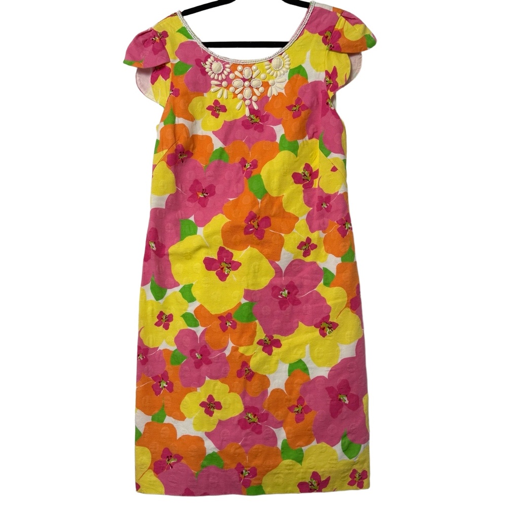 Lilly Pulitzer Floral Dress Womens 6 Yellow Pink Embellished Resort Chic Vibrant